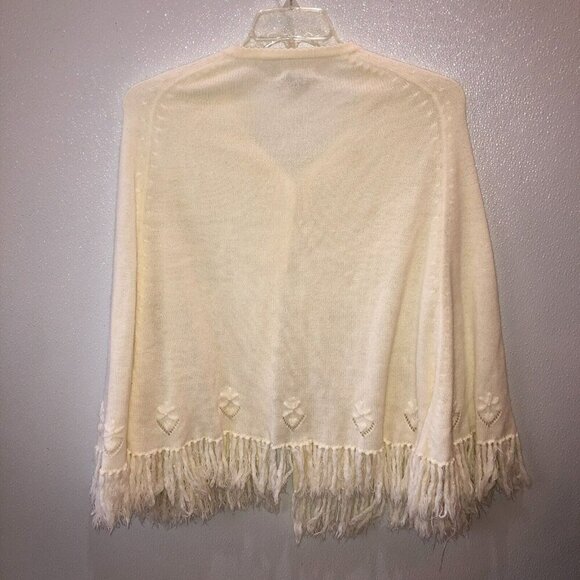 Vintage English Village Ivory Wide Bell Sleeve Fringe Button Up Cape Sweater - Picture 6 of 8